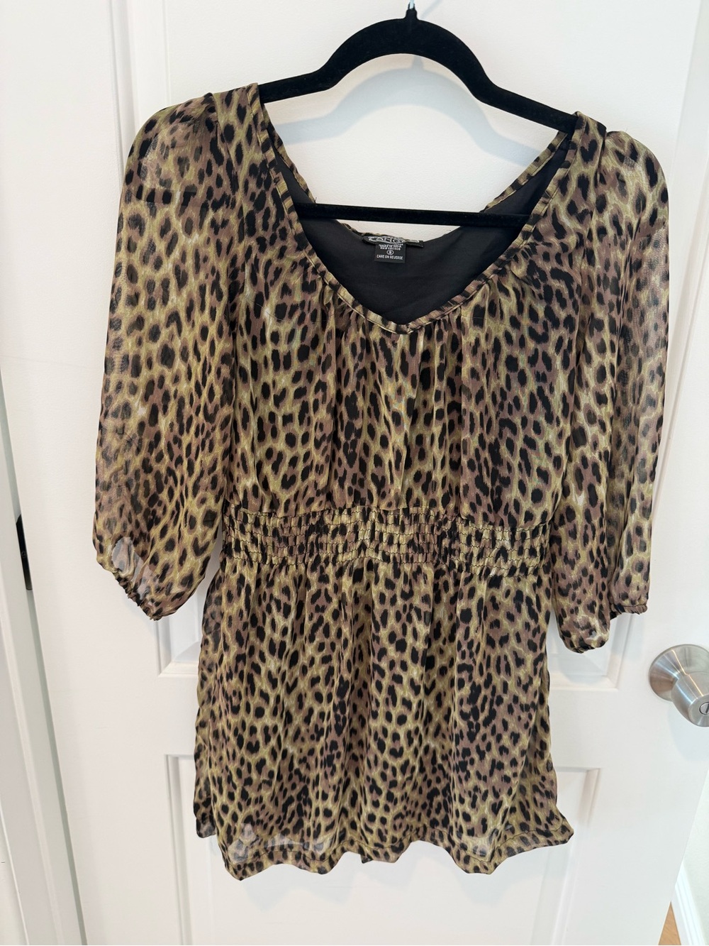 Leopard Print Peasant Blouse - Olive Brown